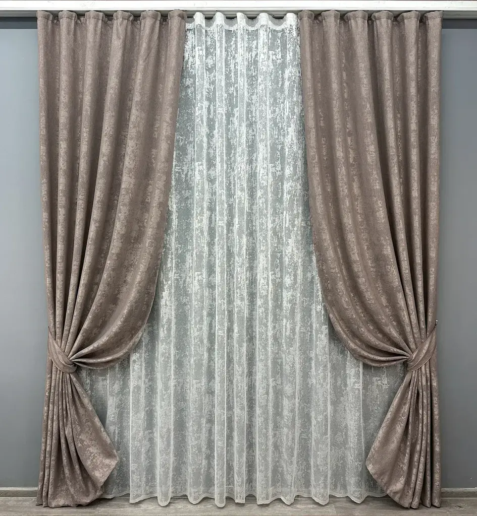 Комплект штор с тюлем VR-Textil Жаккард Мрамор, какао с белым, 2 шторы 200×270 см + тюль 600×270 см, арт. 71-008/7