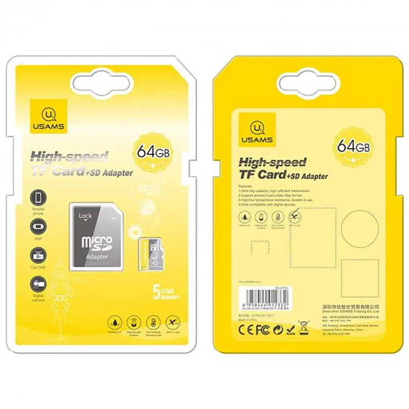 Карта пам'яті Usams US-ZB119 (TF High Speed Card) microSDHC Class 10, 64GB з адаптером Yellow - фото 2