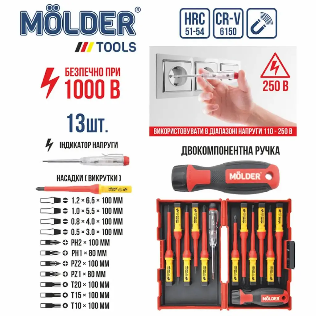 Набір викруток ізольованих з індикатором напруги Molder 13 шт намагнічений наконечник двокомпонентна ручка MT35213 - фото 2