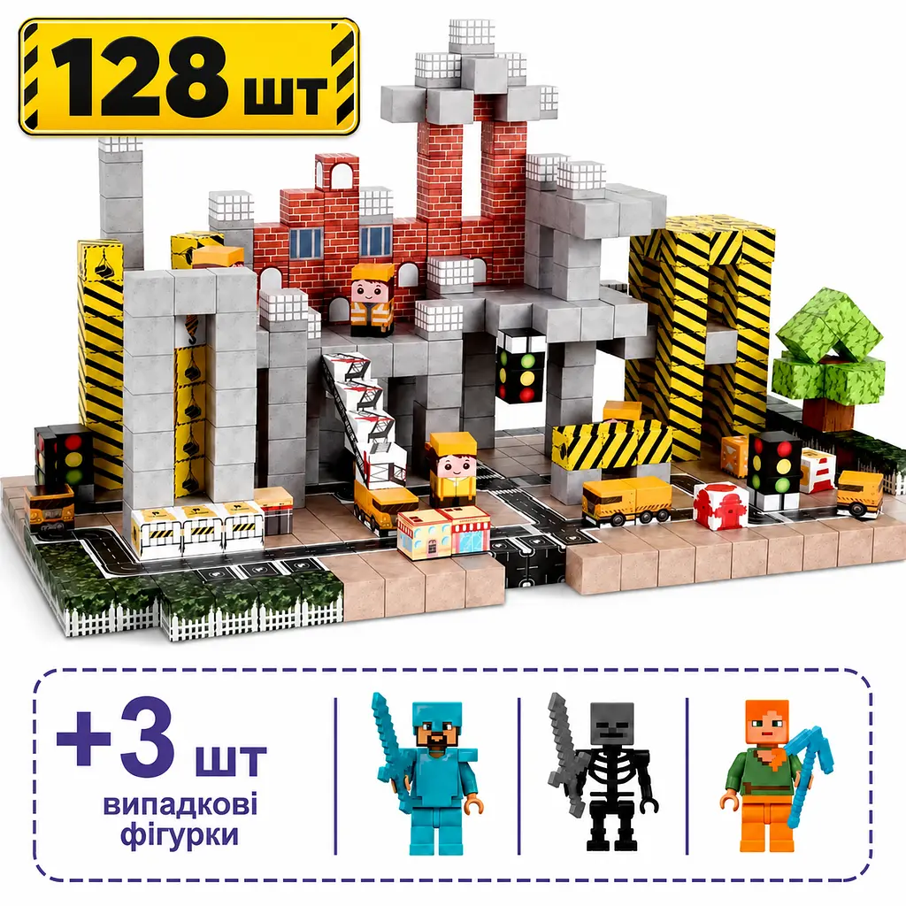 Магнітний конструктор Minecraft 128 шт + 3 фігурки по грі Майнкрафт Промисловий Mk001037 - фото 2