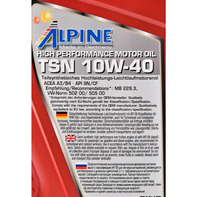 Масла моторные полусинтетические Alpine TSN 10W-40 API SN/CF A3/B4-08 MB 229.3, VW 502 00/505 00 1 л (23465) - фото 2