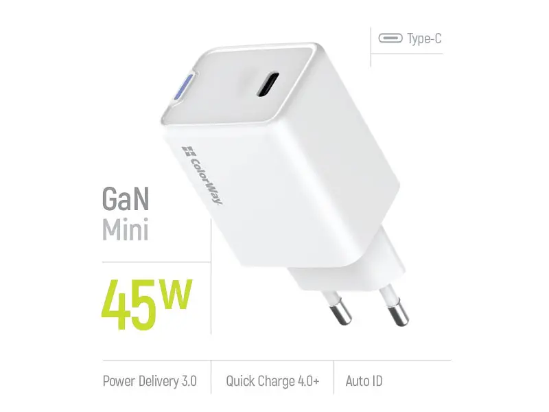Мережевий зарядний пристрій ColorWay GaN Mini 45 W White (CW-CHS057PD-WT) - фото 2