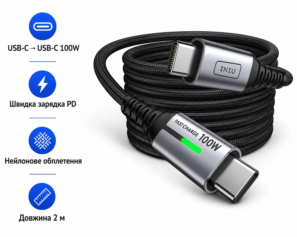 Кабель нейлоновий INIU DI-D5CC USB-C 100 Вт швидка зарядка 2 м чорний (SKU-171) - фото 2