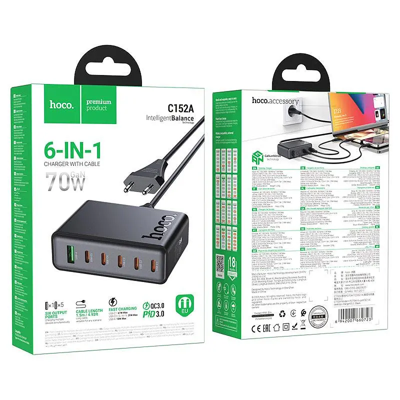 Сетевое зарядное устройство Hoco C152A Modern PD70W 6-port(5C1A) desktop charger(EU) Черный - фото 2