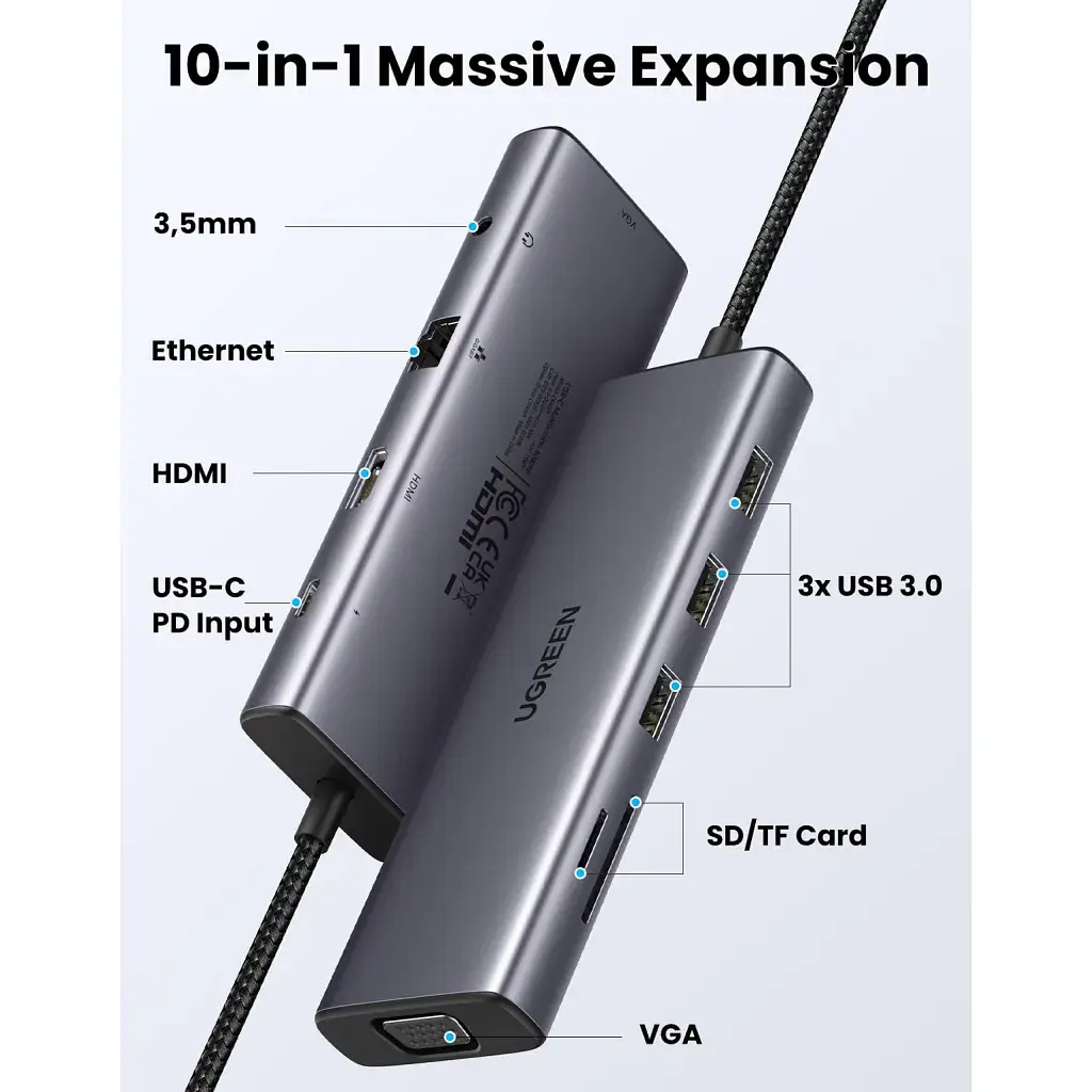 Концентратор Ugreen USB3.1 Type-C to HDMI/VGA/USB 3.0х3/RJ45/SD/TF/PD/35мм TRRS 100W 10-in-1 (15601) - фото 3
