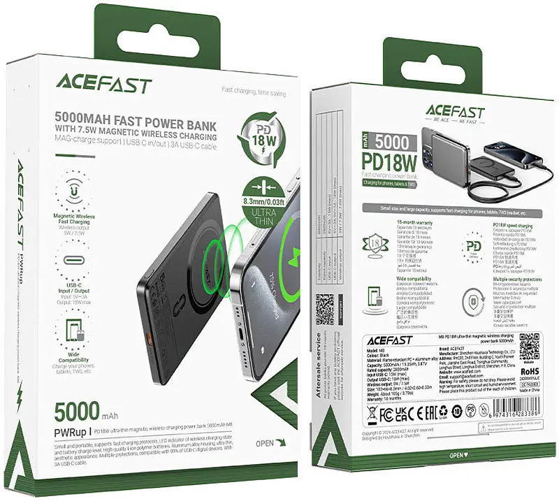 Портативний акумулятор - бездротове зарядне Acefast M8 Magnetic Wireless 5000mAh 18W QI 7.5W Чорний - фото 5