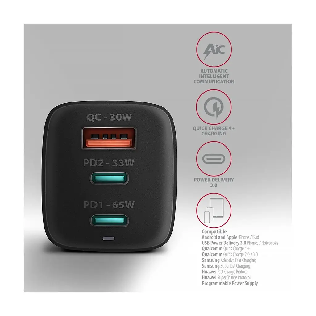 Зарядний пристрій AXAGON 1xUSB + 2xUSB-C 65W QC4+ PD3.0 PPS black (ACU-DPQ65) - фото 6