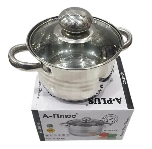 Каструля A-Plus WK-2167 3.9 л з нержавіючої сталі зі скляною кришкою з багатошаровим дном - фото 2