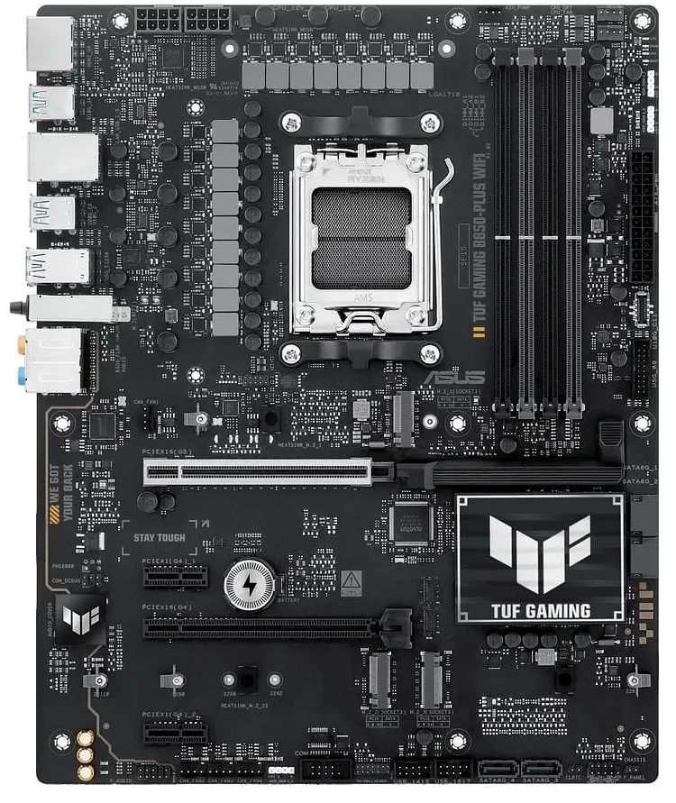 Материнская плата AM5 Asus TUF GAMING B850-PLUS WIFI, B850, 4xDDR5, Int.Video (CPU), 4xSATA3, 3xM.2, 1xPCI-E 5.0 x16, 1xPCI-E 4.0 x16, 2xPCI-E 4.0 x1, ALC1220P, Realtek 2.5Gb, WiFi 7, Bluetooth 5.4, 10xUSB 3.2 / 6xUSB 2.0, HDMI/DP, ATX - фото 3