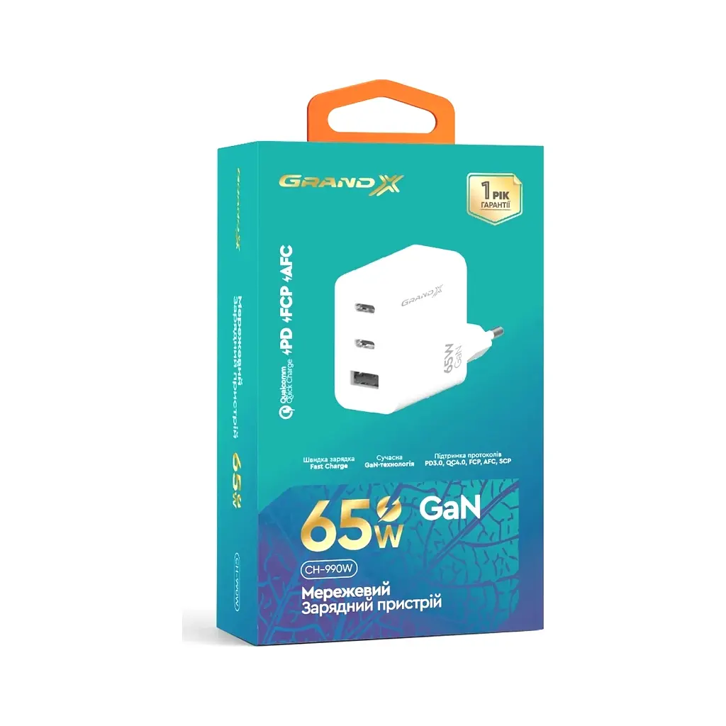 Зарядний пристрій Grand-X GaN 2xUSB-C + 1xUSB 65W PD3.0 QC4.0 AFC SCP FCP white (CH-990W) - фото 6