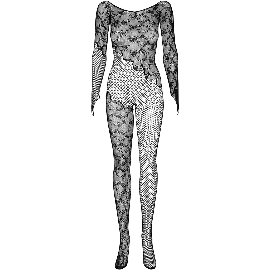 Бодістокінг Obsessive Bodystocking F210 S/M/L Black, рукава-мітенки, сітка, кольорове мереживо - фото 6