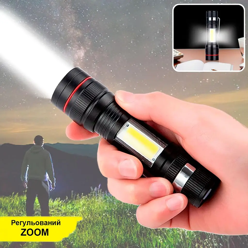 Фонарик X-Balog BL-520-T6 ручной аккумуляторный черный, светодиодный T6+COB, с USB зарядкой и Zoom-фокусом - фото 3