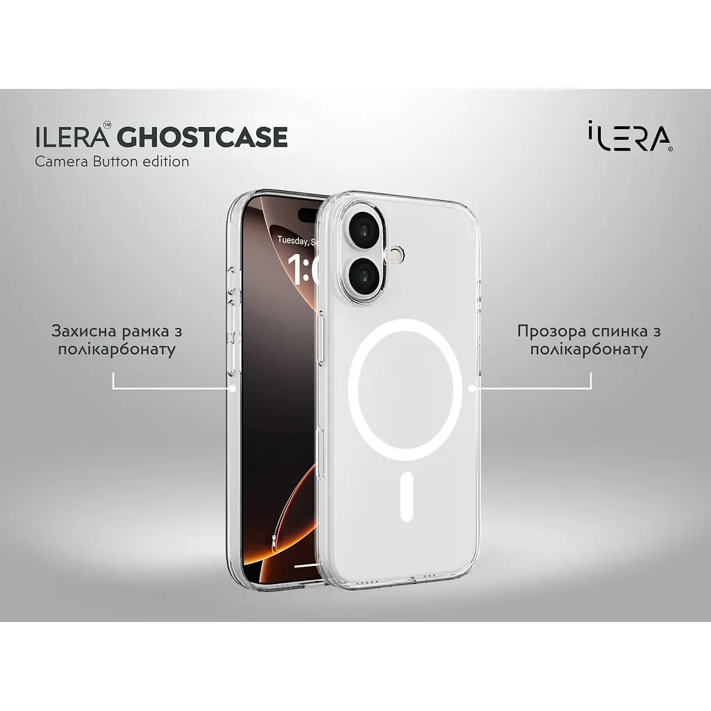 Чохол iLera GhostCase Camera Button with MagSafe для Apple iPhone 17 Transparent (ILGCAClCaBk17) [150392] - фото 5