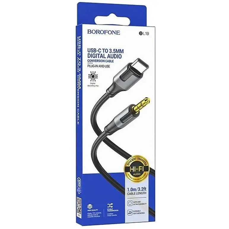 Кабель перехідник Type-C to Mini Jack 3.5мм Borofone BL19 Type-C - 3.5мм AUX чорний 1 м - фото 3