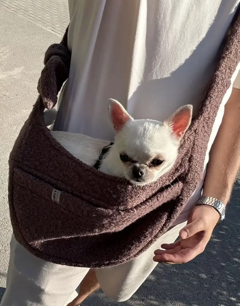 Слінг сумка переноска через плече для тварин собак котів дрібних порід до 6 кг ремінцем із кишенею dogs bomba коричневий  - фото 3