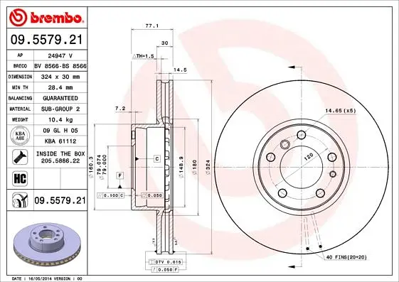 Диск гальмівний передній вентильований Bmw 7, 8, 5, Alpina B10 85-04р Brembo (09.5579.21) - фото 2
