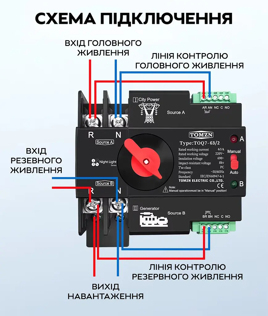 Автоматичне введення резерву АВР TOMZN TOQ7 2P 230V 63A перемикач однофазний 2х полюсний (19625) - фото 9