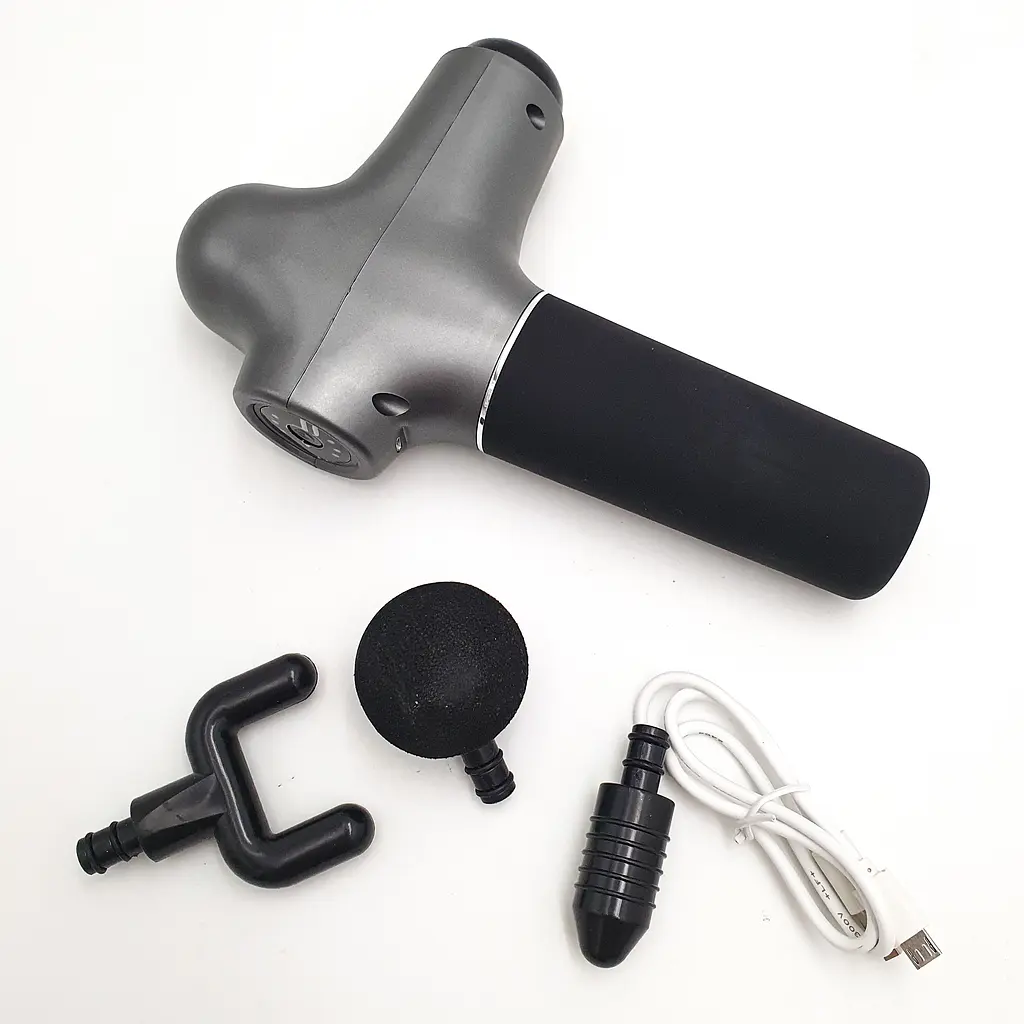 М'язовий масажер для тіла ручний акумуляторний портативний 3 насадки Fascial Gun mini сірий - фото 4