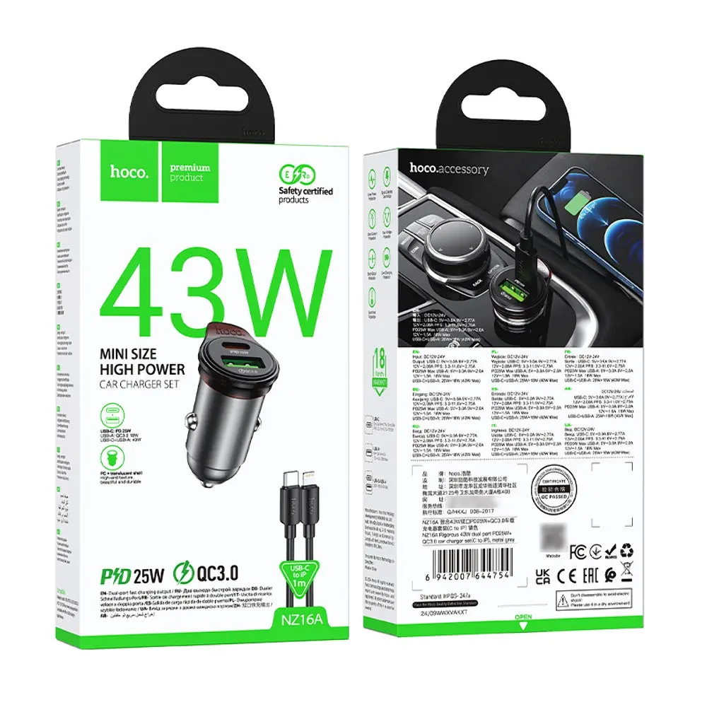 Автомобільний зарядний пристрій Hoco NZ16A USB/Type-C 43W PD QC 25W metal grey + кабель Type-C to Lightning - фото 8