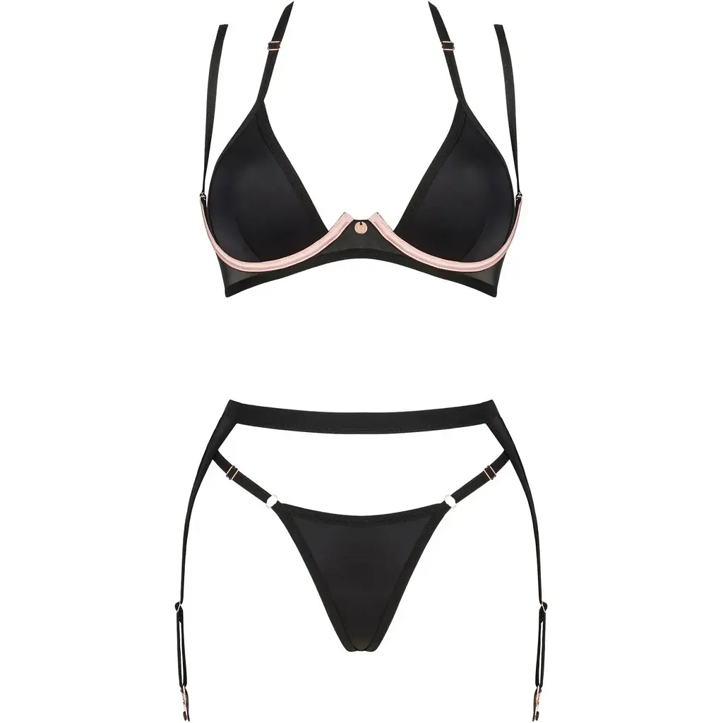 Комплект білизни Obsessive Selinne 3-pcs set XS/S Black, бюстгальтер, стрінги пояс для панчіх - фото 3