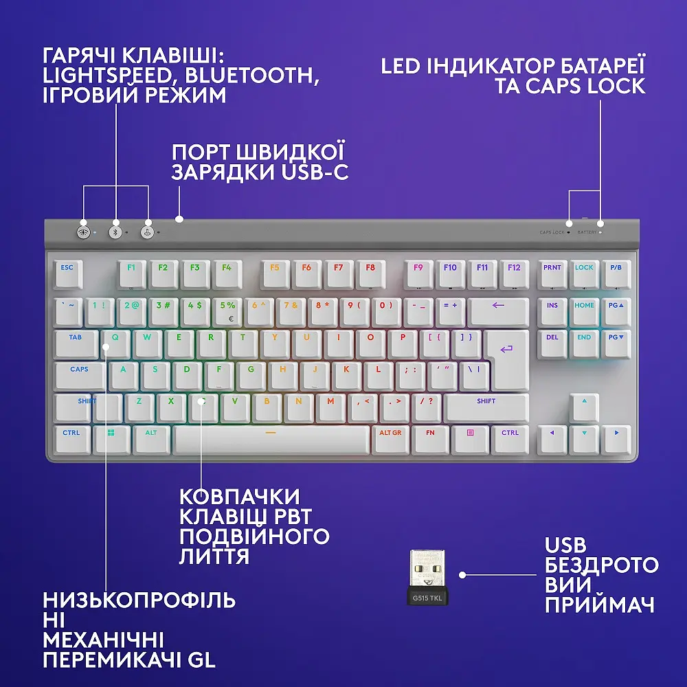 Клавиатура G515 LIGHTSPEED TKL Wireless Gaming White (920-012539) Logitech teh0022915 - фото 8