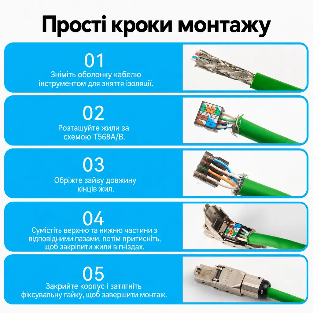Екранований мережевий штекер Vention 10 шт. конектор RJ45 8P8C Cat6A FTP для мереж 10 Гбіт/с монтаж без обтискних кліщів для жил 23–26 AWG для кабелю діаметром до 8,7 мм організатор для проводів діаметром до 1,6 мм багаторазове використання схеми T568A і T568B фіксація кабелю стопорною гайкою позолочені контакти сірий (IDPH0-10) - фото 5