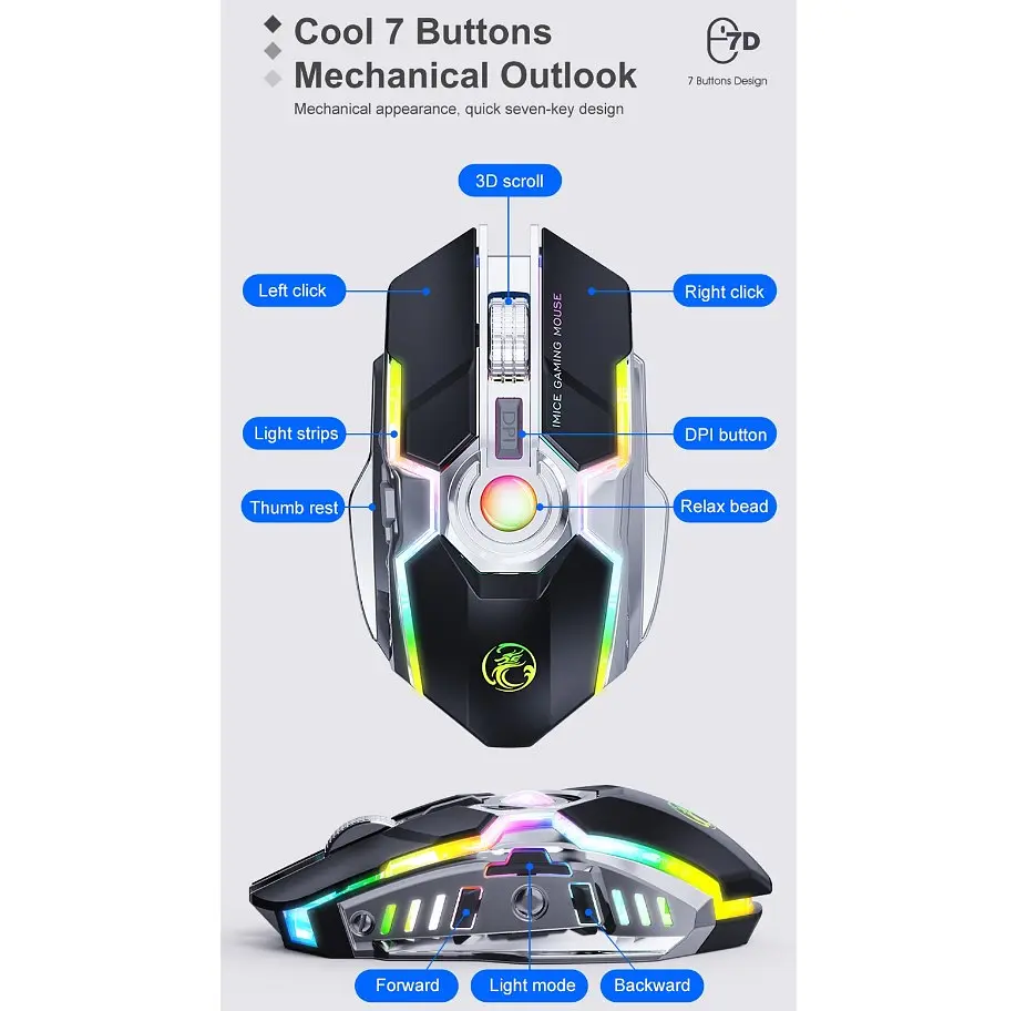 Игровая мышь беспроводная iMICE G7, 7 кнопок, 800/1200/1600 DPI, 2.4Ghz 10 м - фото 4