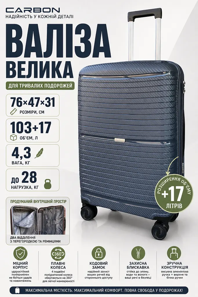 Валіза велика Carbon 65803 поліпропілен 76х47х31 см 103+17 л Сіра - фото 3