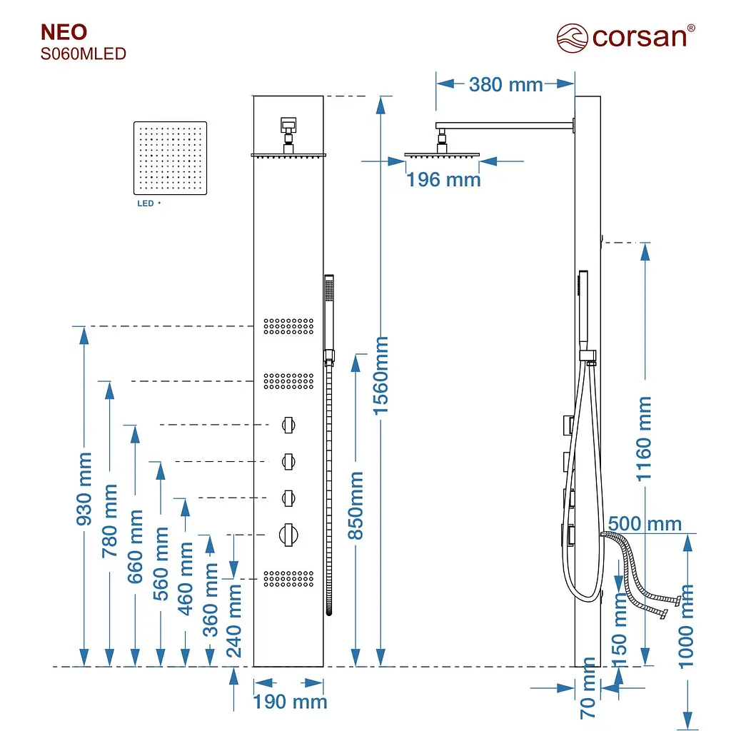 Душова панель Corsan Neo black LED S060MBLLED, Чорний матовий - фото 2