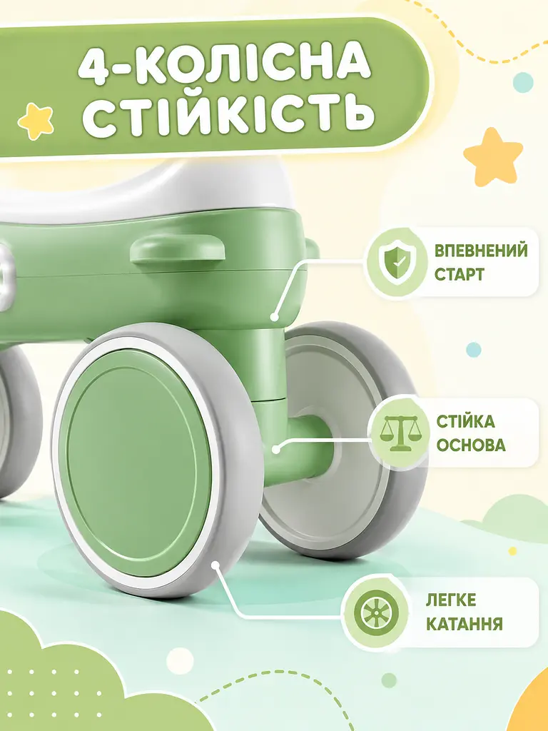 Дитячий балансирний велосипед велобіг 4-колісний зі світлом і звуком зелений (49676153) - фото 5