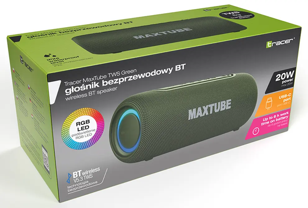 Bluetooth колонка Tracer MaxTube TWS Green 20W (TRAGLO47359) - фото 6