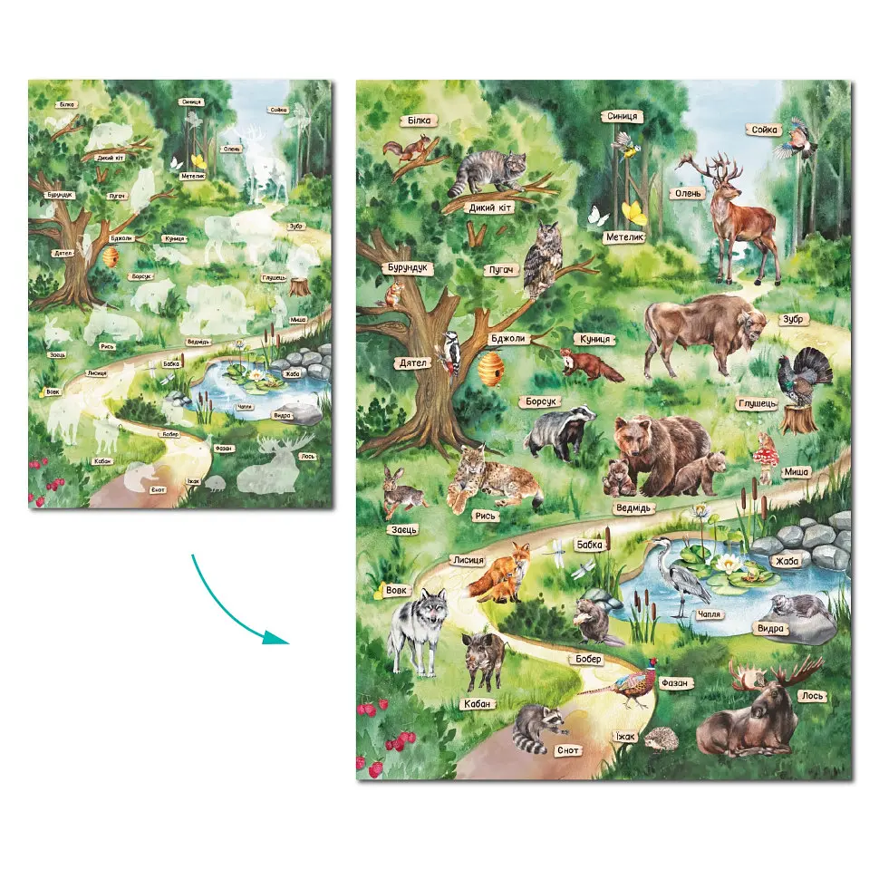 Навчальний постер з наклейками "Мешканці лісу" DoDo Toys 300894 XL 26 стікерів - фото 5