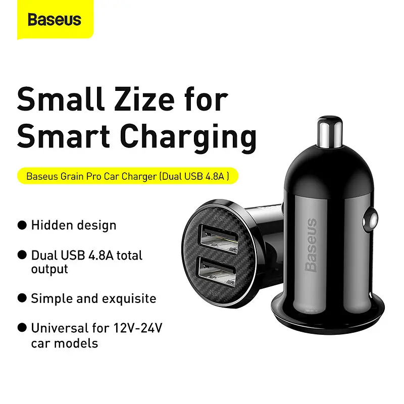 Адаптер автомобильный BASEUS Grain Pro автозарядный 2 USB 4.8 A (CCALLP-01) черный - фото 6