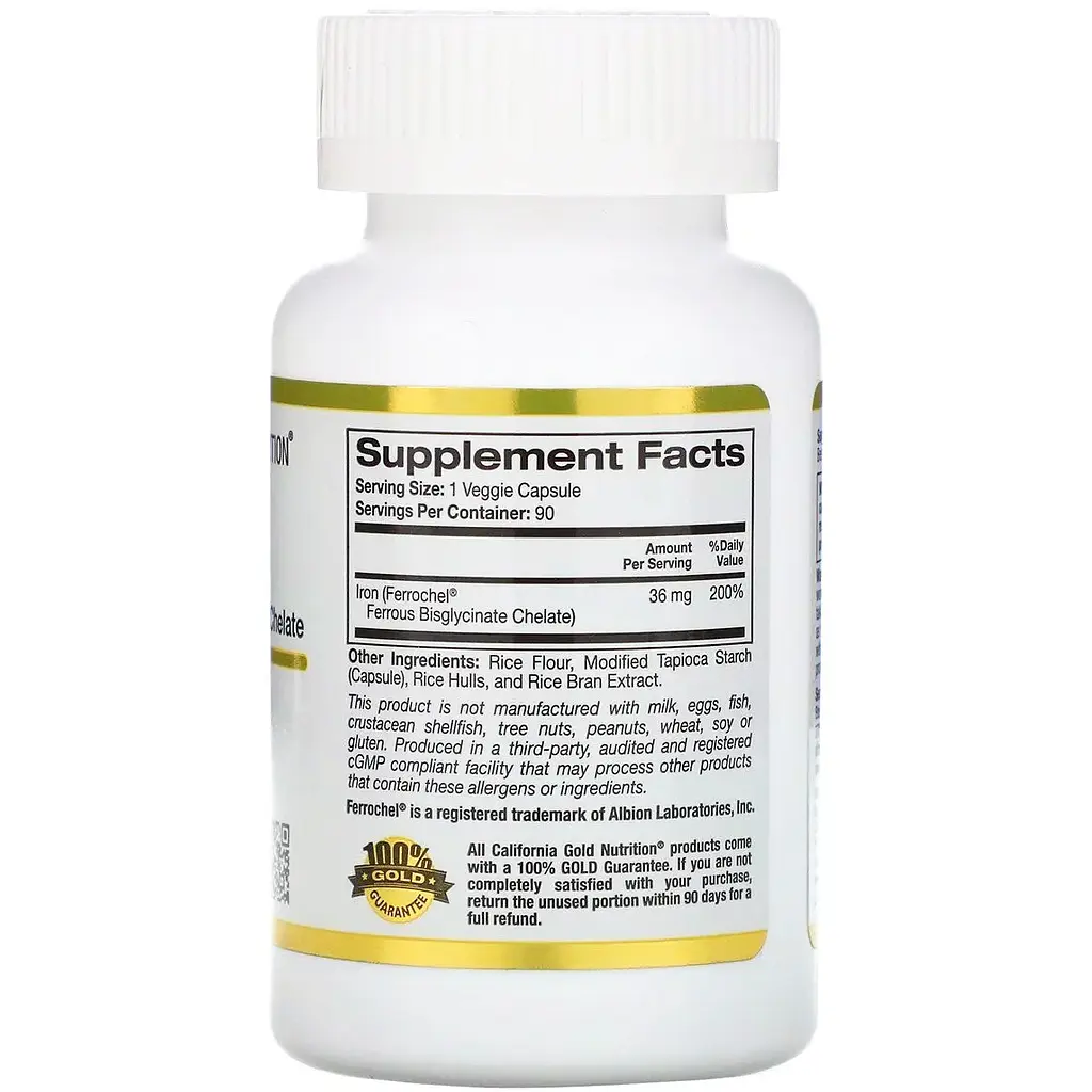 Залізо бісгліцінат California Gold Nutrition Ferrochel Iron (Bisglycinate) 36 мг 90 рослинних капсул - фото 2