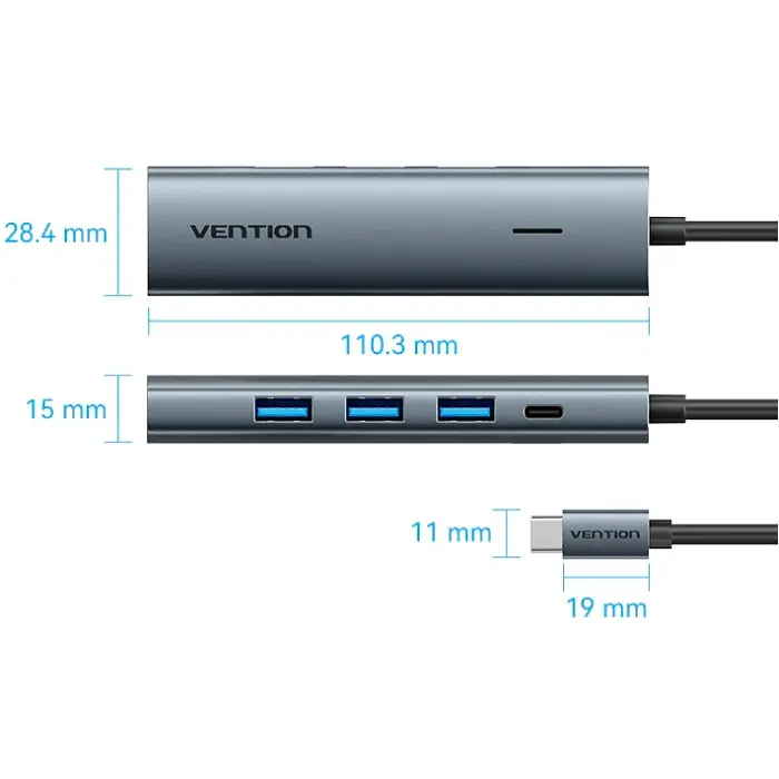 Хаб USB 3.0 Type-C -> 4xUSB 3.0/1xUSB-C, 5Gbps, Чорний Vention - фото 2