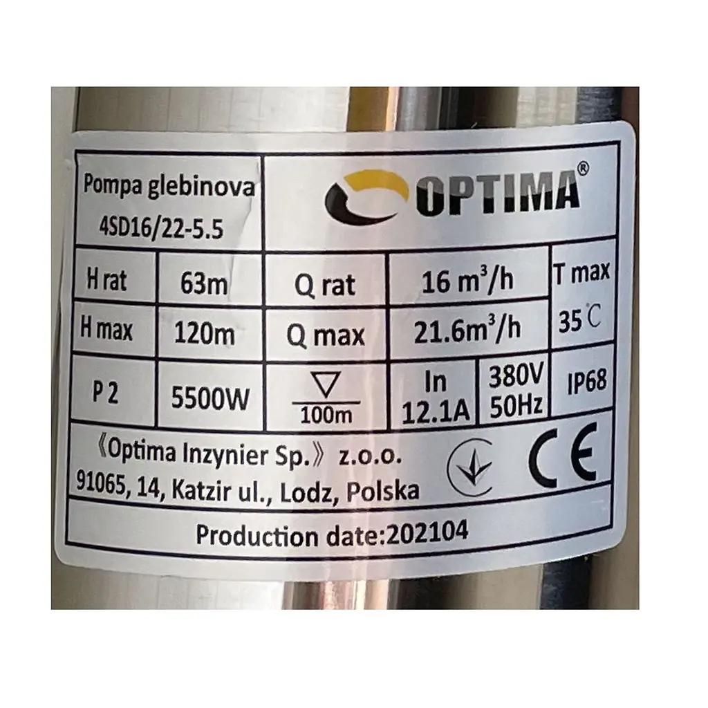 Насос свердловинний з підв, стійк, до піску Optima 4SD16/22 5,5 кВт 120м 3-фазний 000020908 - фото 3