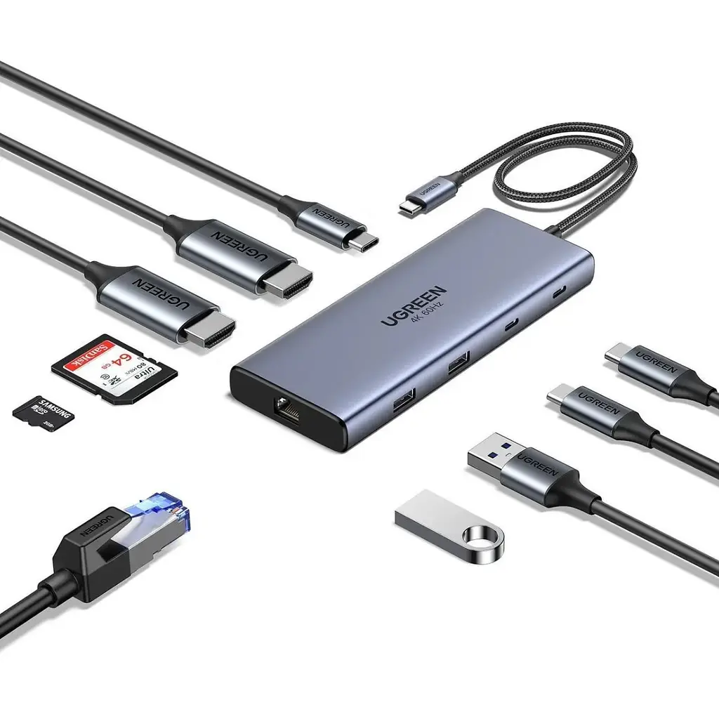 Док-станція USB3.2 Type-C --> HDMIx2, 60Hz/2xUSB-A/2xUSB-C 3.2/ RJ45/SD/TF/PD 100W CM639 Ugreen - фото 2