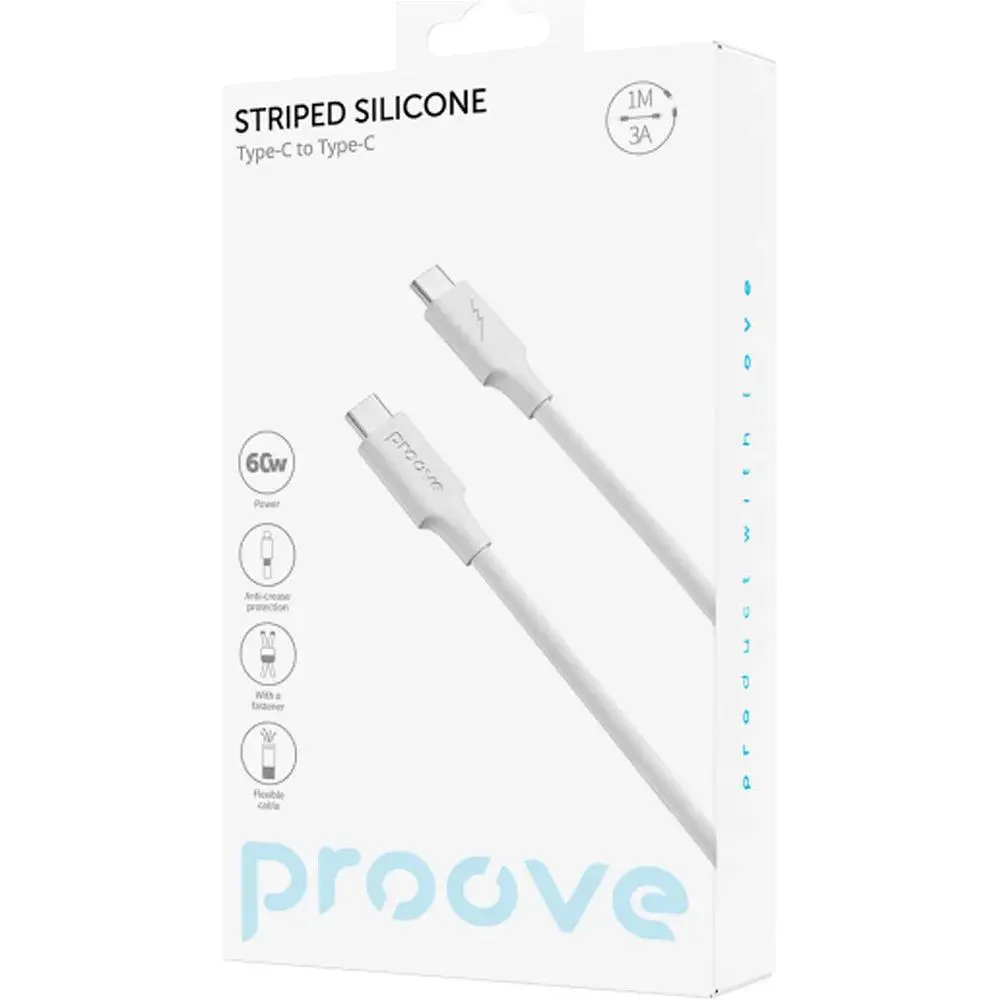 Кабель Proove Striped Silicone USB-C to USB-C 60W 1m White (CCSS60002202) [133332] - фото 2