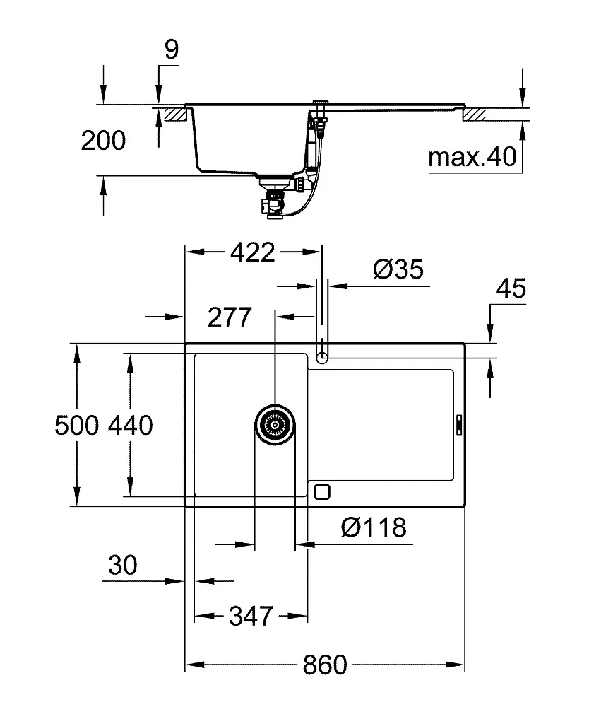 Кухонная мойка Grohe Granite Black 860 х 500 мм 31644AP0, Черный - фото 2