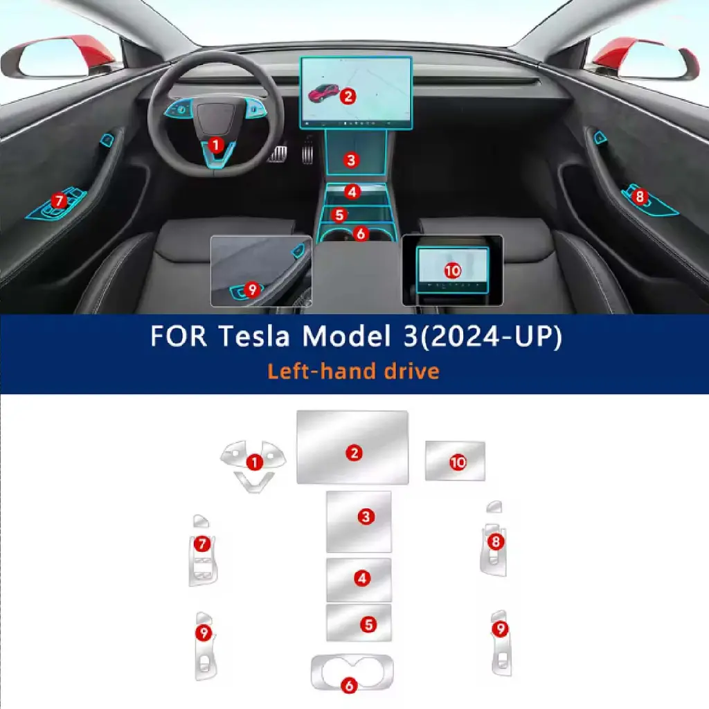 Набір Плівок захисних для салону Tesla Model 3 2024- TPU (Кансолі Дисплея Ручок) 13 шт - фото 3