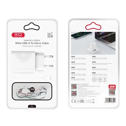 Сітчастий зарядний пристрій XO L159 (EU) QC18W 1USB-A Quick Charger Micro Kit (NB103) Білий - фото 2