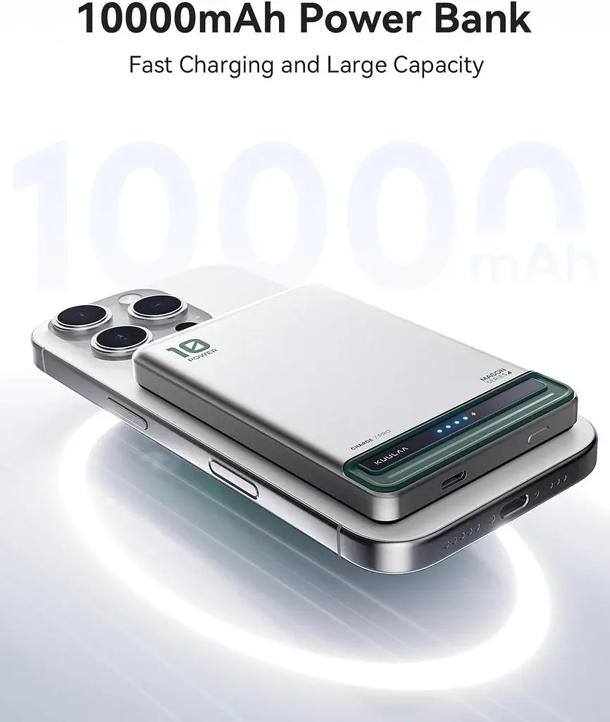 Kuulaa MagSafe павербанк 10000mAh Slim, магнітний, бездротова зарядка 7.5W, PD 20W USB-C In/Out, срібний - фото 2