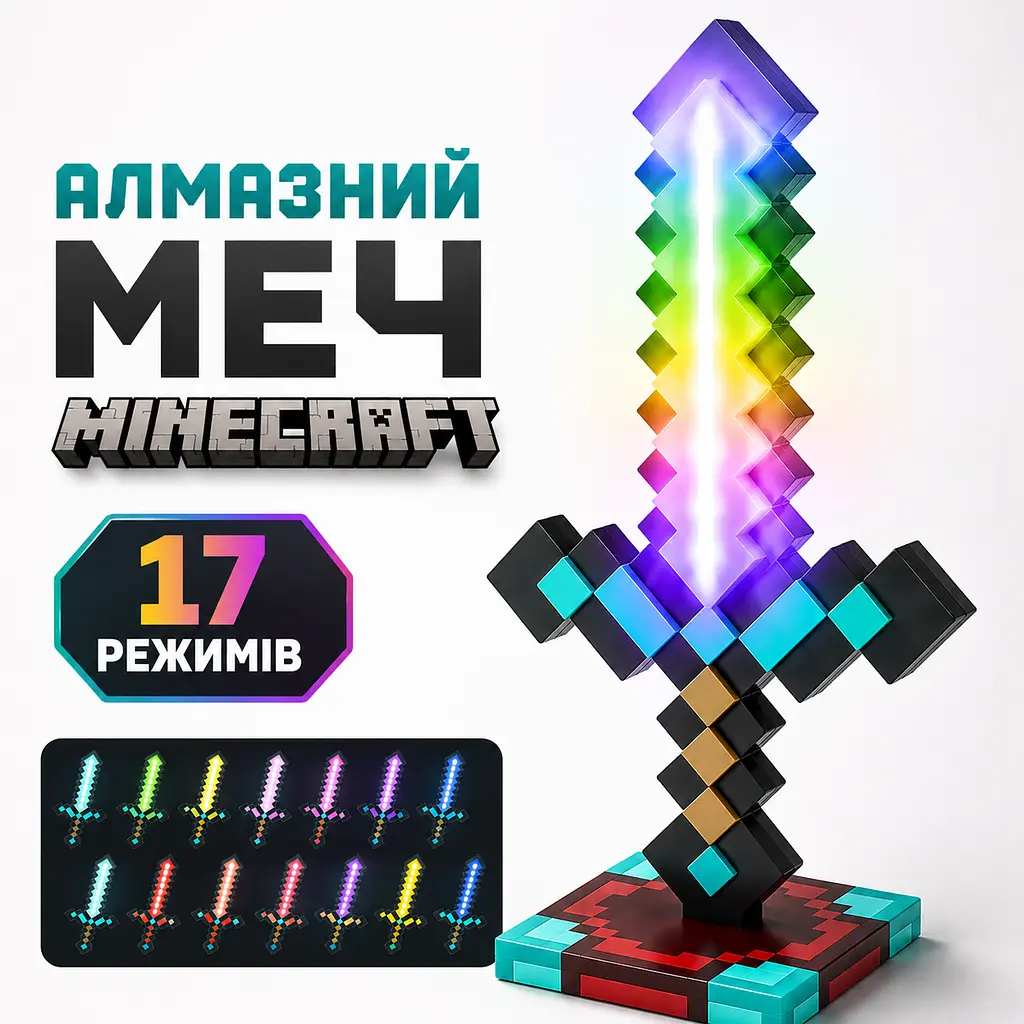 Алмазний меч Minecraft 17 режимів нічник з підставкою LED меч для гри та декору - фото 2
