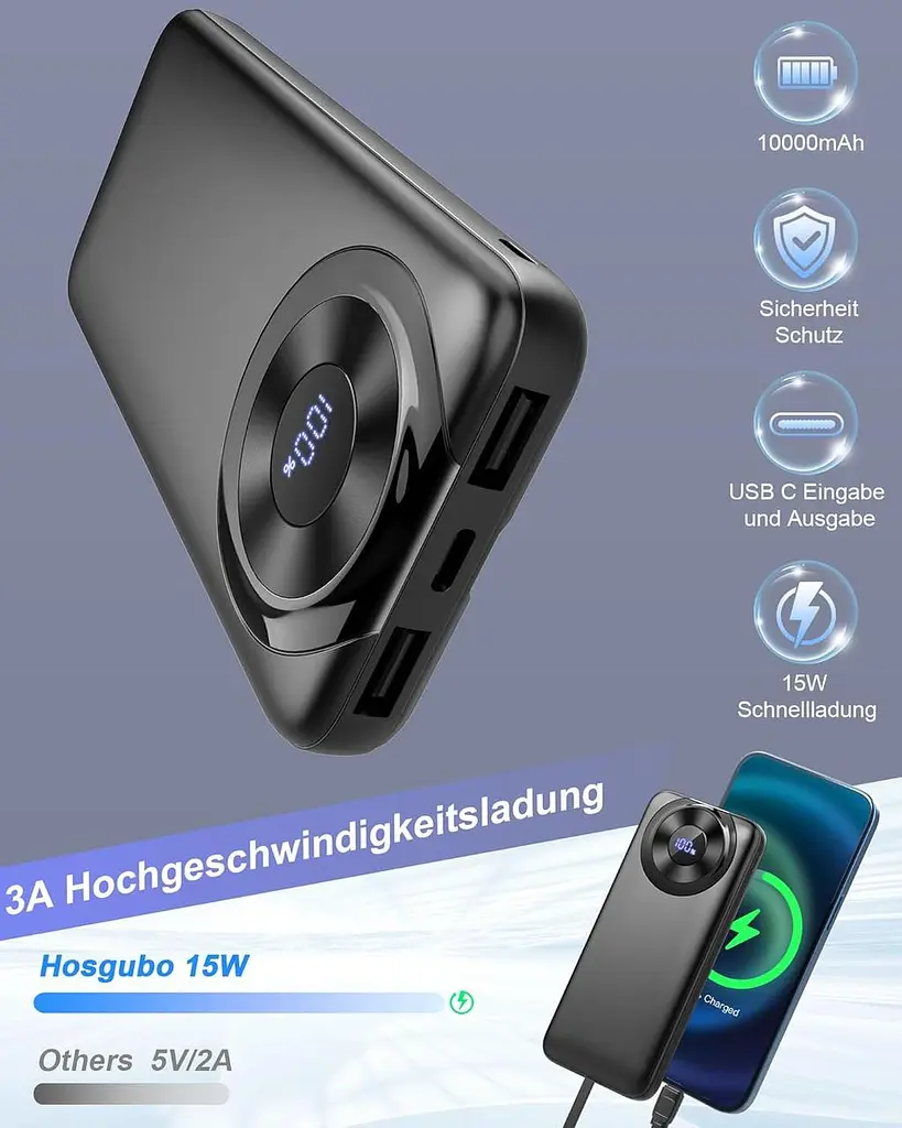 Повербанк 10000 мАг, USB-C Вхід та вихід з кабелем, функція швидкого заряджання - фото 4