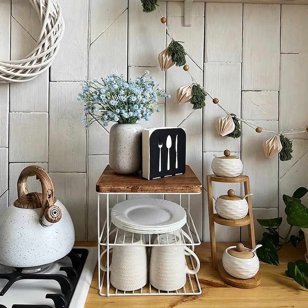 Підставка під тарілки Nice & Cozy Garret металева з дерев'яною основою біла - фото 3
