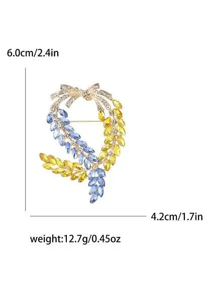 Брошь-булавка колоски пшеницы 6 x 4.2 см со стразами Желто-Голубая - фото 2