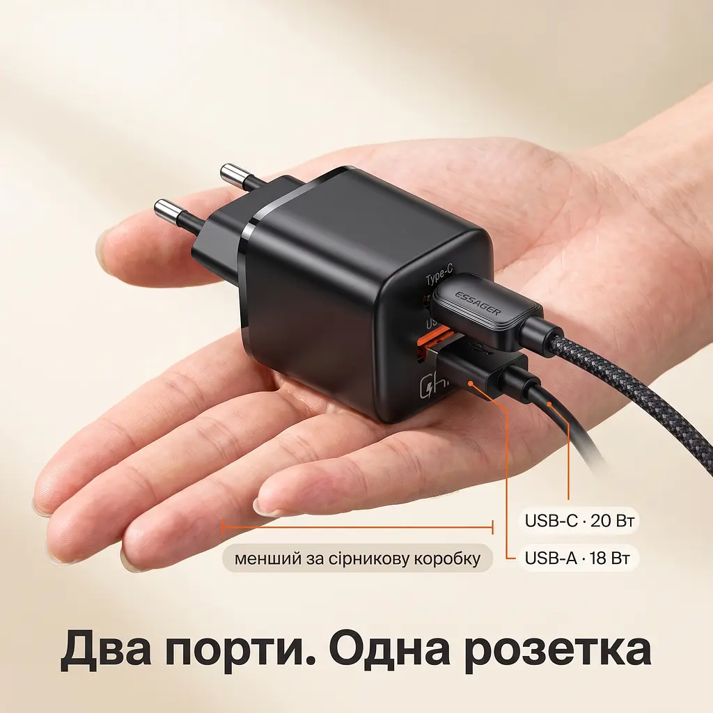 Швидка зарядка iPhone компактний GaN-блок 20 Вт на два порти та нейлоновий кабель USB-C — Lightning - фото 7