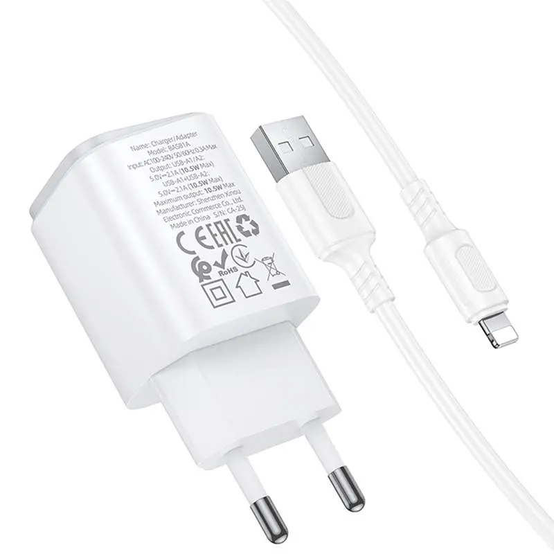 СЗУ Borofone BAS81A Star 10.5W (2USB-A) + кабель USB to Lightning White - фото 3
