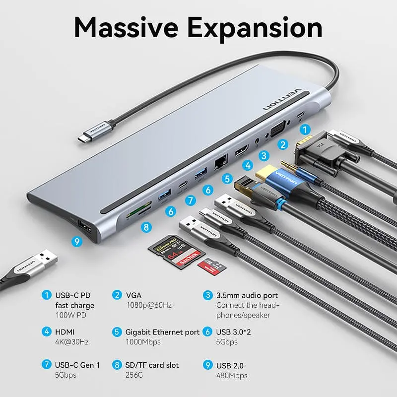 Док-станция USB3.1 Type-C --> HDMI/VGA/USB3.0x3/RJ45/SD/TF/TRRS 3.5mm/PD 100W Vention 11in1 - фото 4