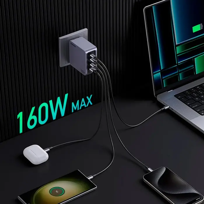 Зарядний пристрій 4xUSB 160W (3xUSB-C + USB-A) GaN + Type-C cable 100W сірий X763 Nexode Pro Ugreen - фото 5